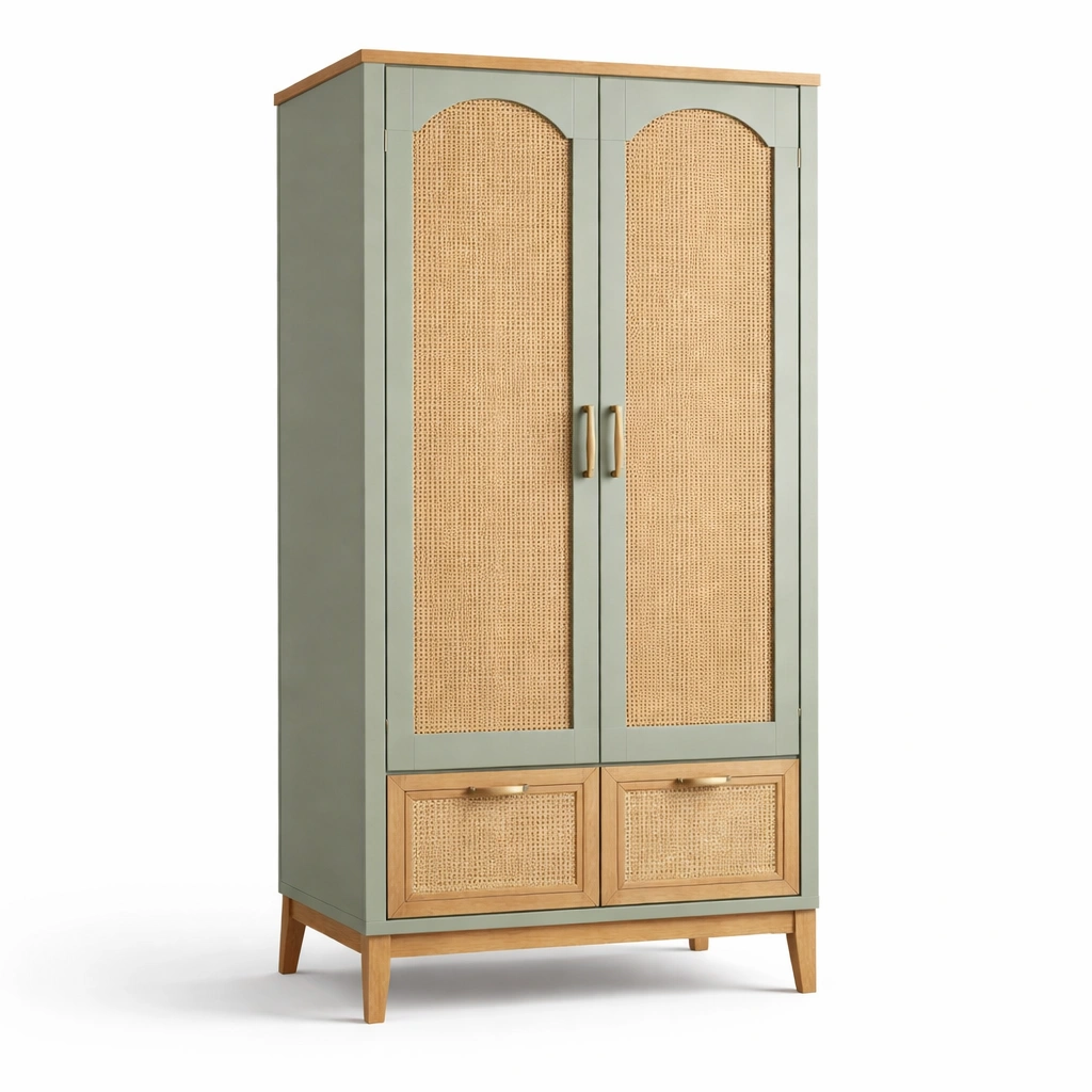 Kleiderschrank mit Rattanfront und Holzdetails-Norenio